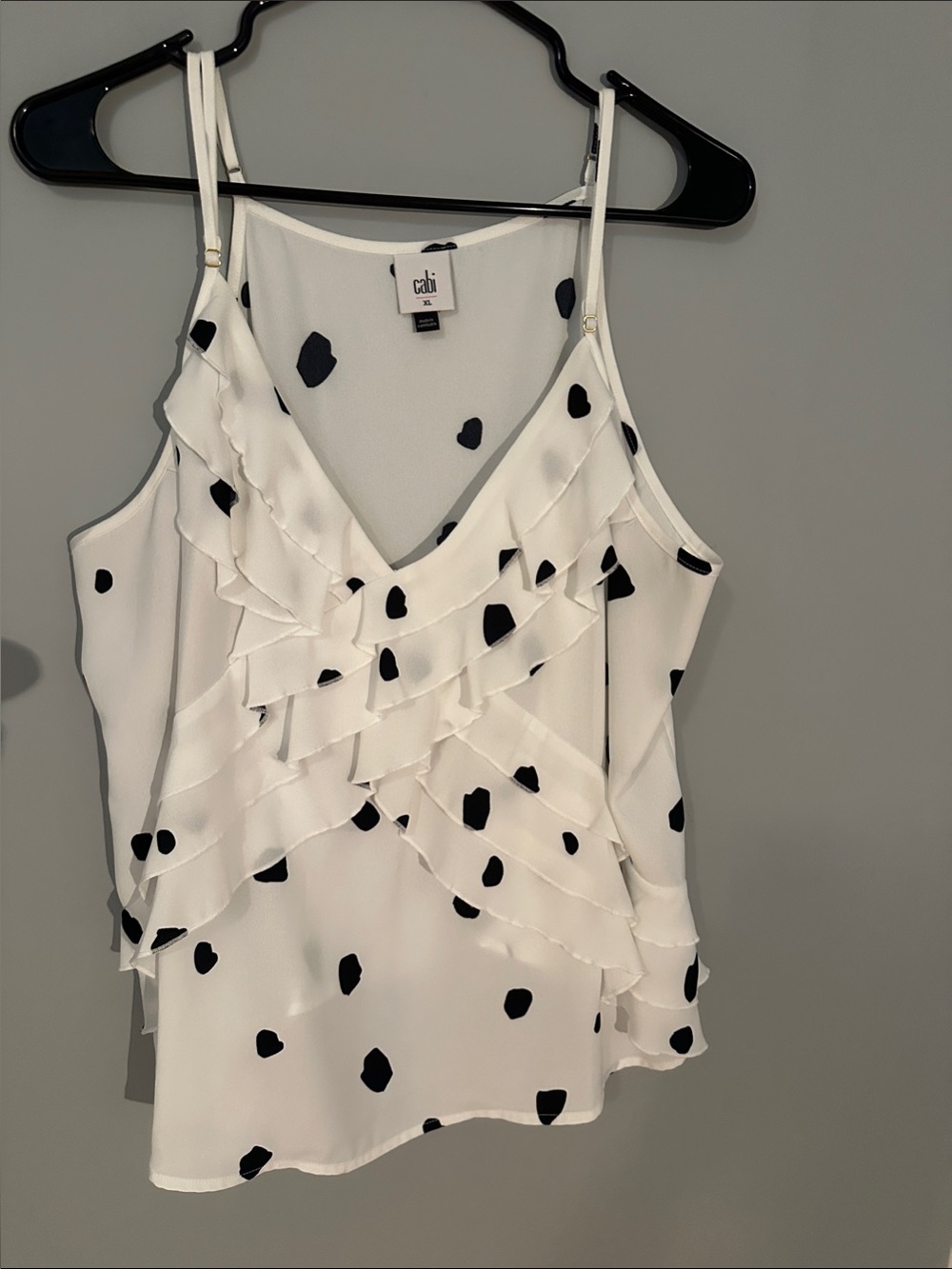 CAbi White Polka Dot Ruffle V-Neck Cami with Black Spots